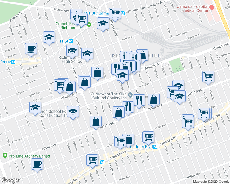 map of restaurants, bars, coffee shops, grocery stores, and more near 94-46 116th Street in Queens