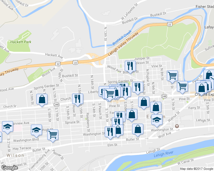 map of restaurants, bars, coffee shops, grocery stores, and more near 127 North 13th Street in Easton
