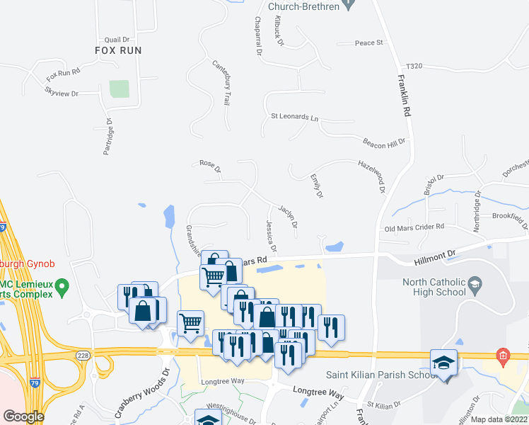 map of restaurants, bars, coffee shops, grocery stores, and more near 111 Jessica Drive in Cranberry Township