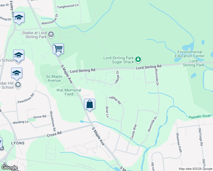 map of restaurants, bars, coffee shops, grocery stores, and more near 65 Village Drive in Bernards