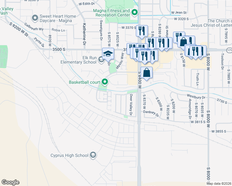 map of restaurants, bars, coffee shops, grocery stores, and more near 184 Sunset Hills Drive in Magna