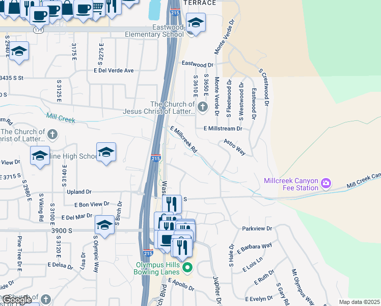 map of restaurants, bars, coffee shops, grocery stores, and more near 3589 East Apple Mill Cove in Salt Lake City