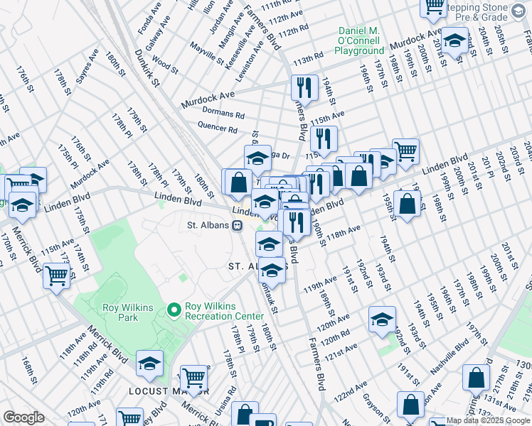 map of restaurants, bars, coffee shops, grocery stores, and more near 188-3 Linden Boulevard in Queens