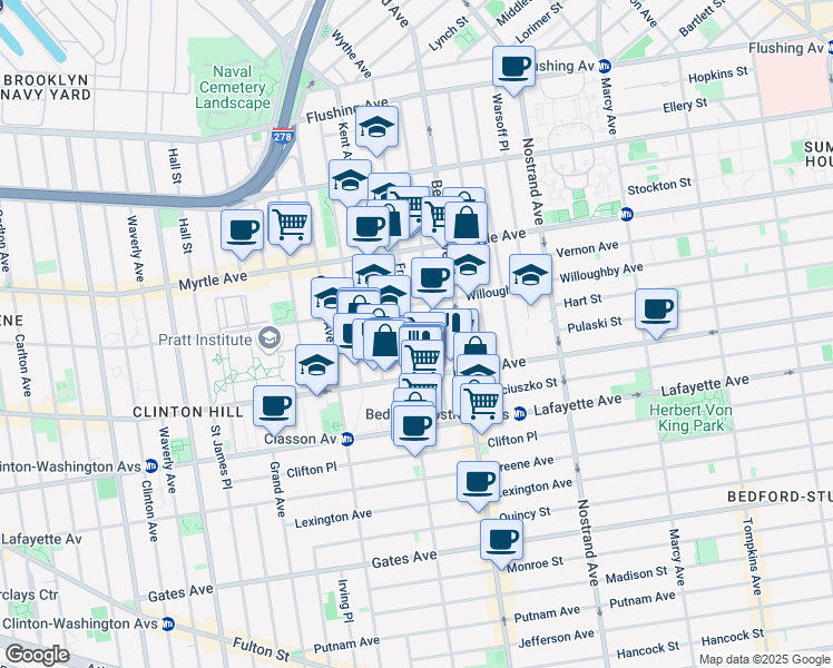 map of restaurants, bars, coffee shops, grocery stores, and more near 219 Franklin Avenue in Brooklyn
