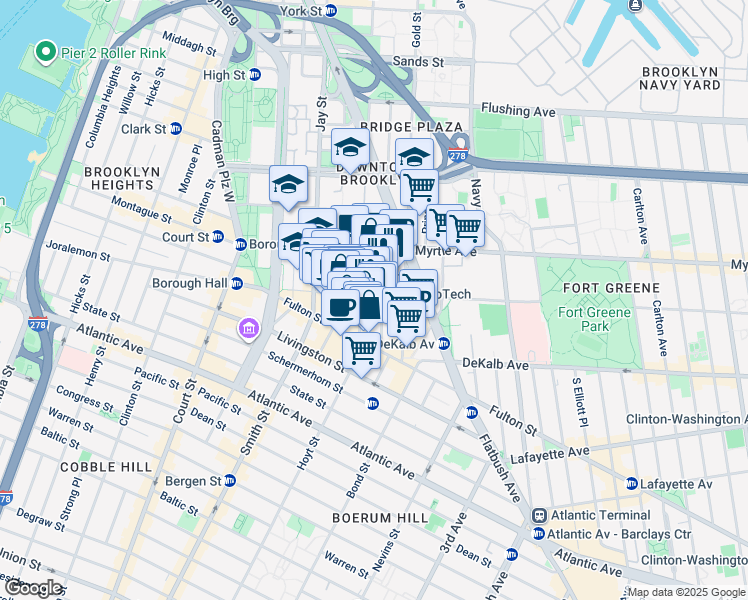 map of restaurants, bars, coffee shops, grocery stores, and more near 100 Willoughby Street in Brooklyn