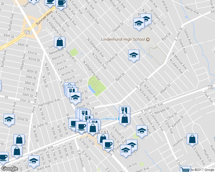 map of restaurants, bars, coffee shops, grocery stores, and more near 90 Byrd Street in Lindenhurst