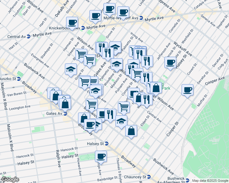 map of restaurants, bars, coffee shops, grocery stores, and more near 1247 Putnam Avenue in Brooklyn