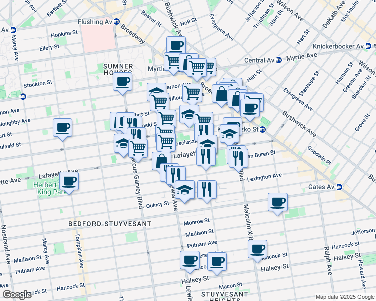 map of restaurants, bars, coffee shops, grocery stores, and more near 935 Lafayette Avenue in Brooklyn