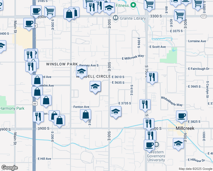 map of restaurants, bars, coffee shops, grocery stores, and more near 3646 500 East in South Salt Lake