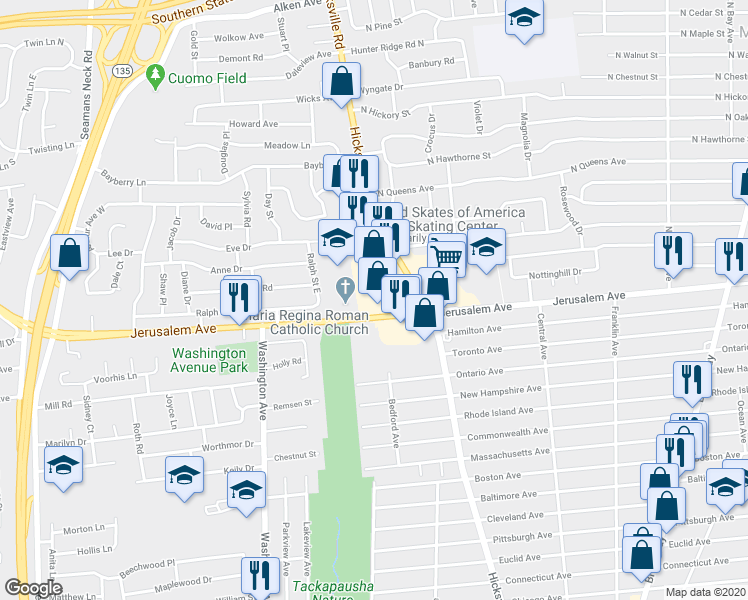 map of restaurants, bars, coffee shops, grocery stores, and more near 1336 Hicksville Road in Seaford