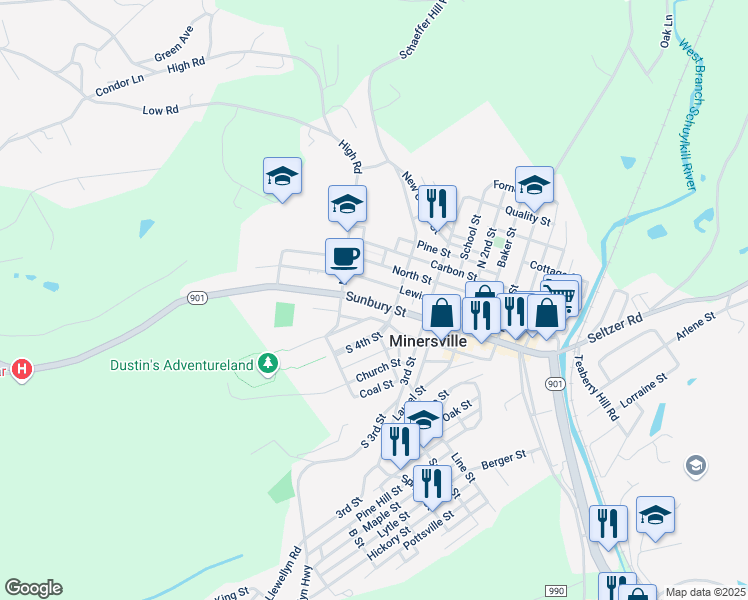 map of restaurants, bars, coffee shops, grocery stores, and more near 436 Sunbury St in Minersville