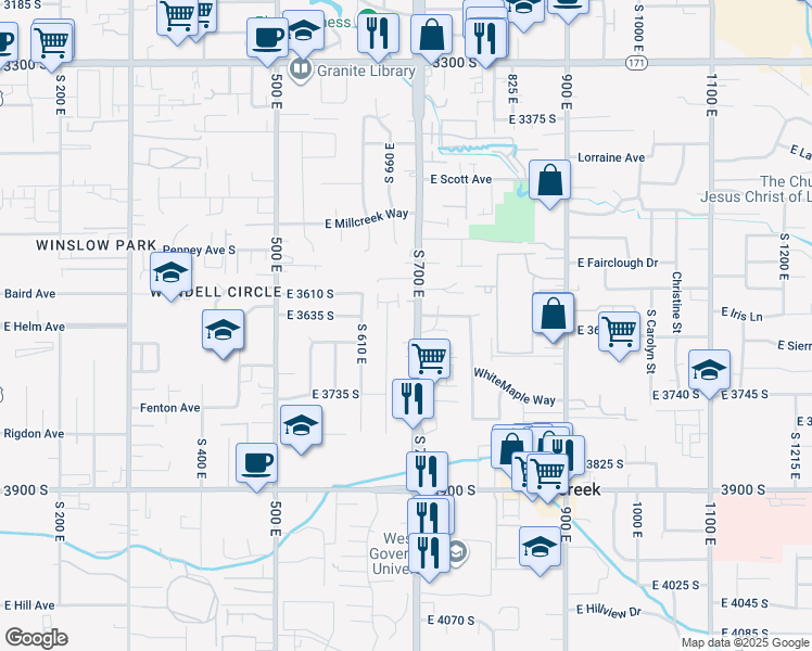 map of restaurants, bars, coffee shops, grocery stores, and more near 3646 South 700 East in South Salt Lake