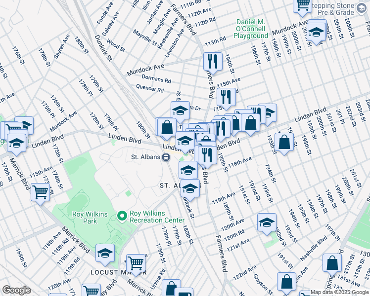 map of restaurants, bars, coffee shops, grocery stores, and more near 188-3 Linden Boulevard in Queens