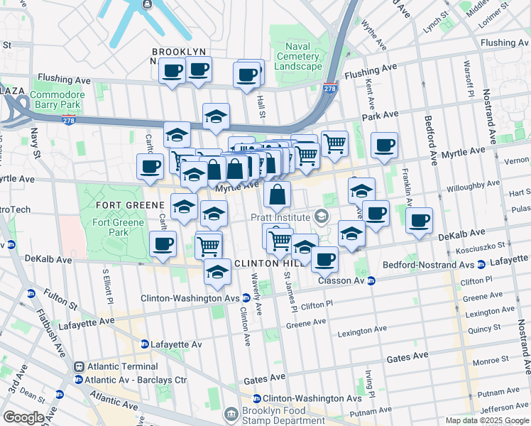 map of restaurants, bars, coffee shops, grocery stores, and more near 229 Washington Avenue in Brooklyn