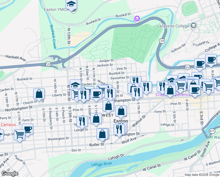 map of restaurants, bars, coffee shops, grocery stores, and more near 111 North 10th Street in Easton