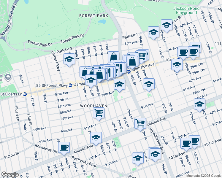 map of restaurants, bars, coffee shops, grocery stores, and more near 87-29 90th Street in Queens