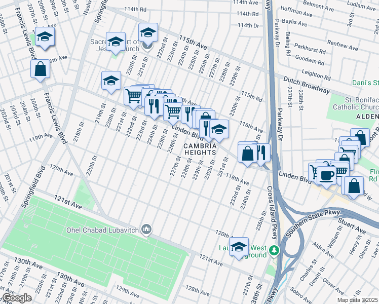 map of restaurants, bars, coffee shops, grocery stores, and more near 117-38 228th Street in Queens