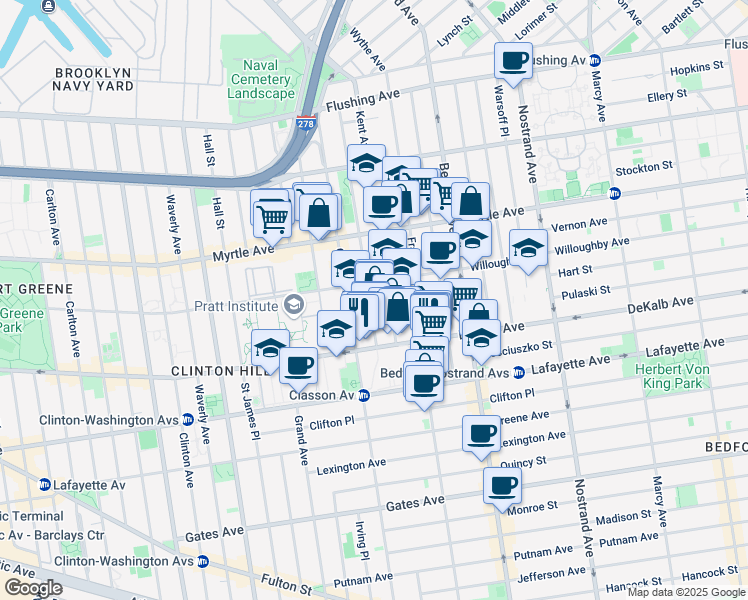 map of restaurants, bars, coffee shops, grocery stores, and more near 211 Taaffe Place in Brooklyn