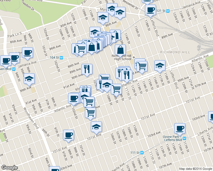 map of restaurants, bars, coffee shops, grocery stores, and more near 91-39 108th St in Queens