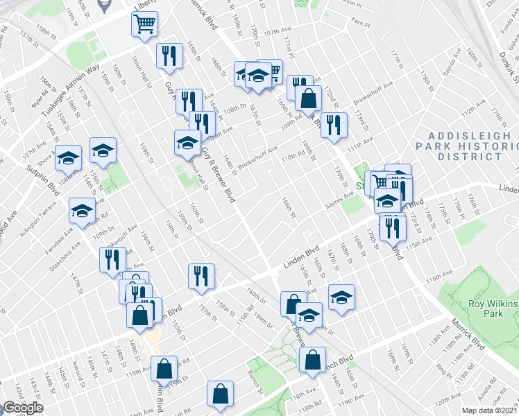 map of restaurants, bars, coffee shops, grocery stores, and more near 163-30 Claude Avenue in Queens