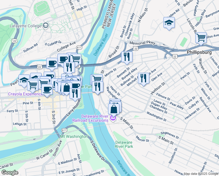 map of restaurants, bars, coffee shops, grocery stores, and more near 49 Washington Street in Phillipsburg