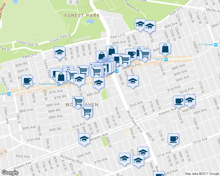 map of restaurants, bars, coffee shops, grocery stores, and more near 92-06 88th Avenue in Queens