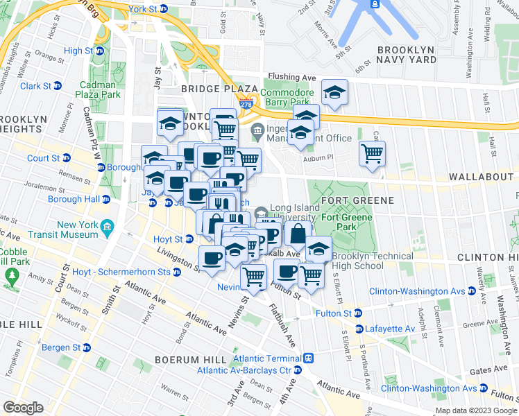 map of restaurants, bars, coffee shops, grocery stores, and more near Willoughby Street in Brooklyn