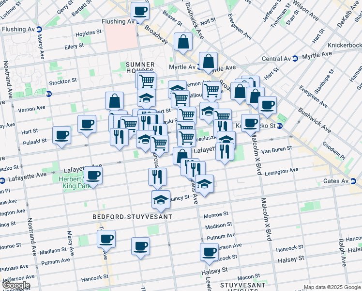 map of restaurants, bars, coffee shops, grocery stores, and more near 408 Kosciuszko Street in Brooklyn