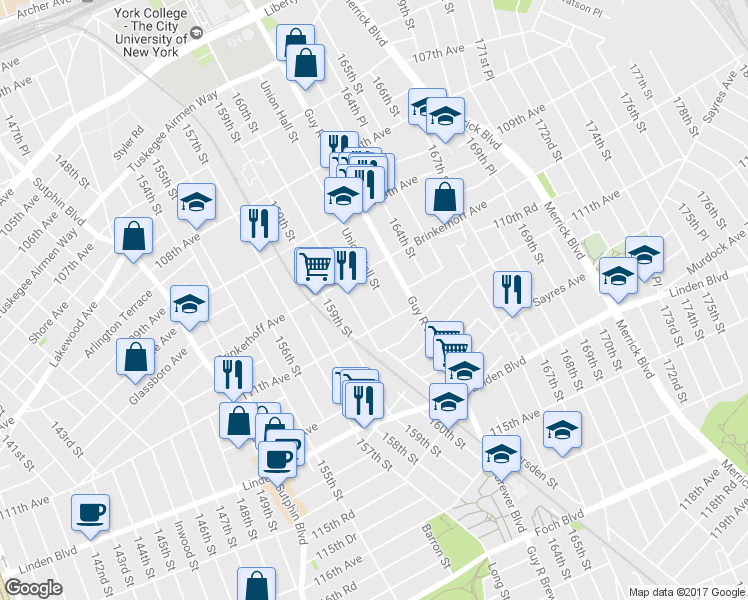 map of restaurants, bars, coffee shops, grocery stores, and more near 110-34 Union Hall Street in Queens
