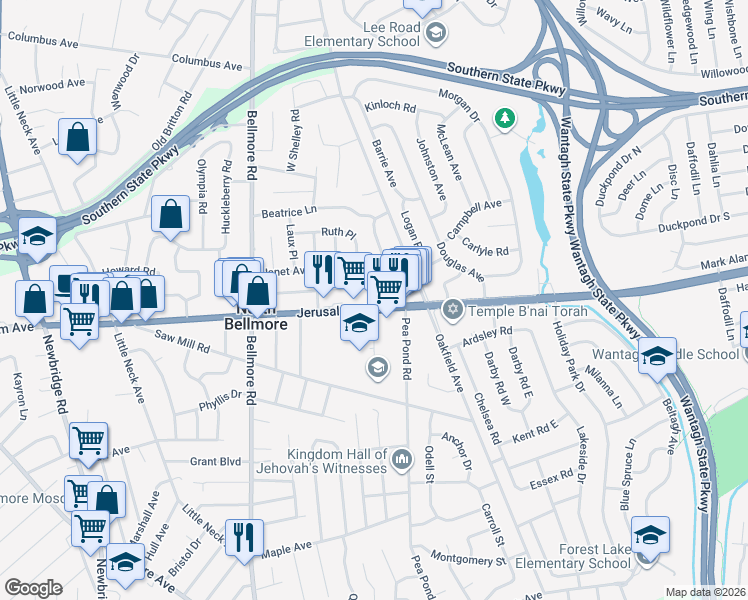 map of restaurants, bars, coffee shops, grocery stores, and more near 2803 Jerusalem Avenue in North Bellmore