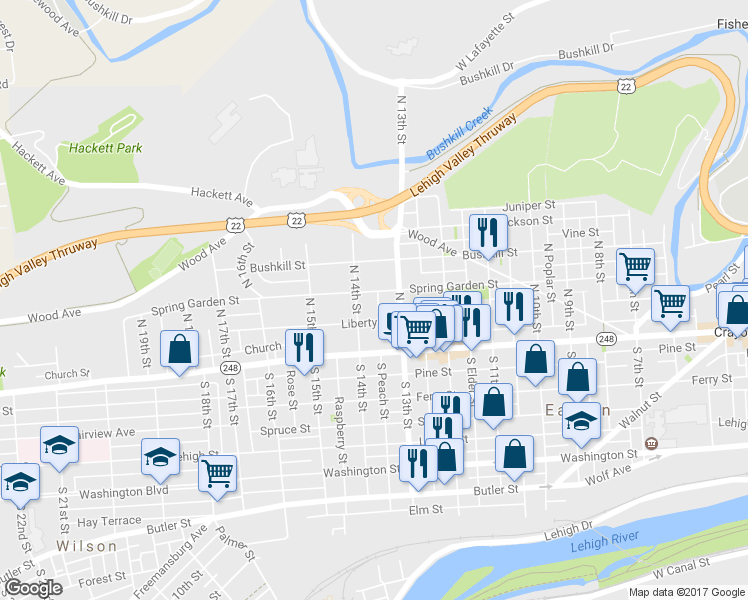 map of restaurants, bars, coffee shops, grocery stores, and more near 1328 Spring Garden Street in Easton