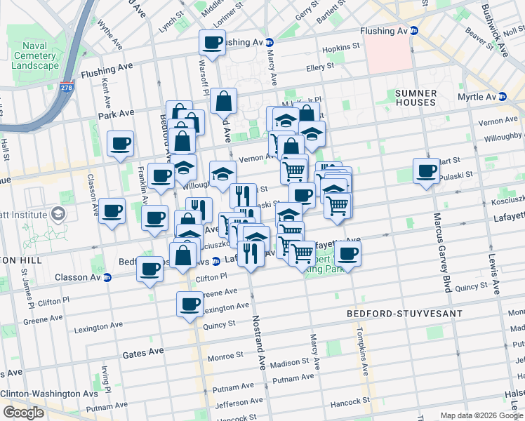 map of restaurants, bars, coffee shops, grocery stores, and more near 32 Pulaski Street in Brooklyn