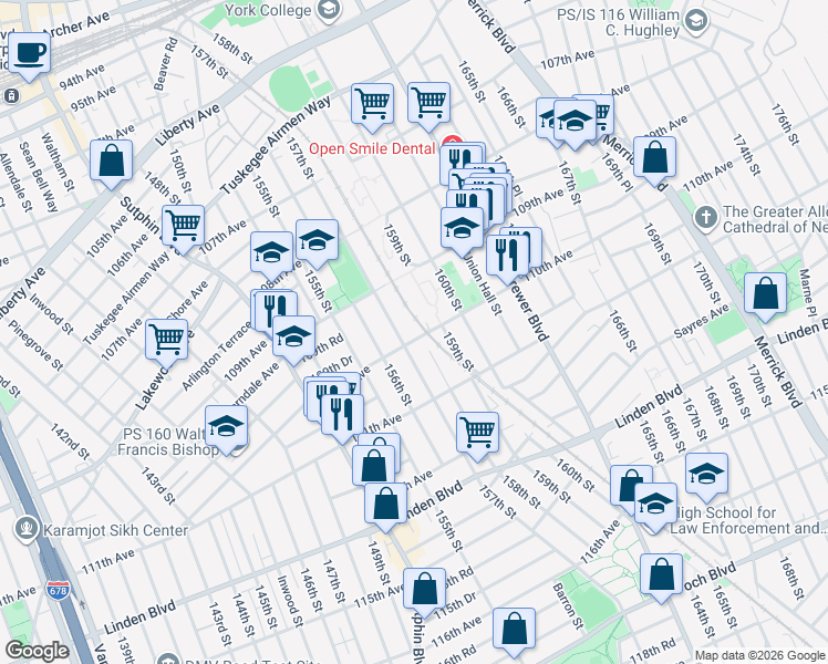 map of restaurants, bars, coffee shops, grocery stores, and more near 157-15 Brinkerhoff Avenue in Queens