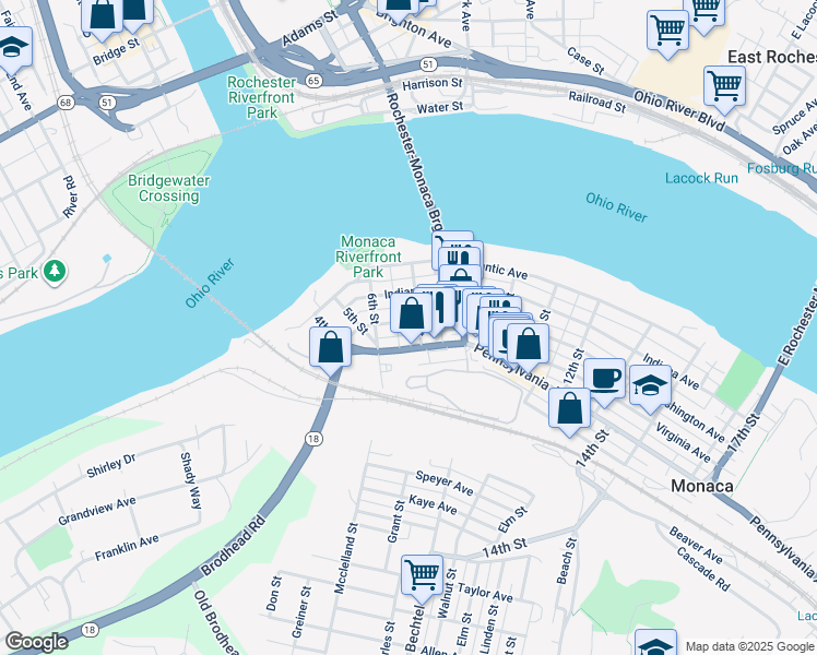 map of restaurants, bars, coffee shops, grocery stores, and more near 710 Washington Avenue in Monaca
