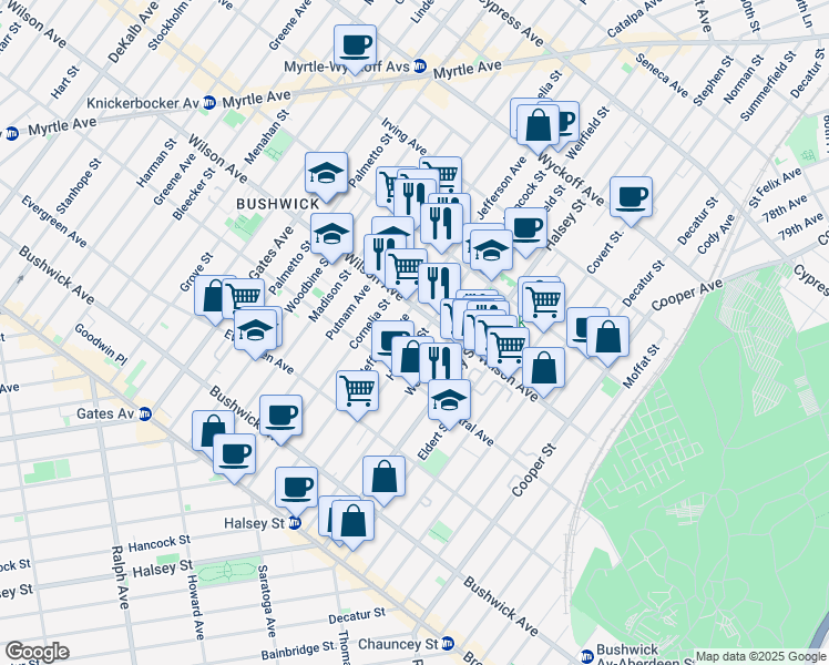 map of restaurants, bars, coffee shops, grocery stores, and more near 1266 Jefferson Avenue in Brooklyn