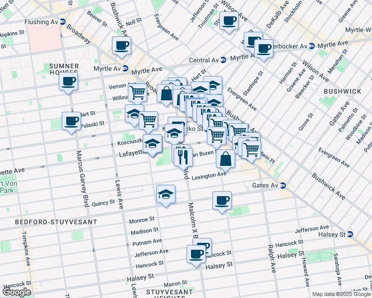map of restaurants, bars, coffee shops, grocery stores, and more near 61 Malcolm X Boulevard in Brooklyn