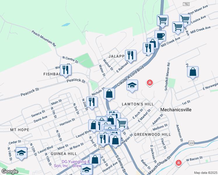 map of restaurants, bars, coffee shops, grocery stores, and more near 243 Nichols Street in Pottsville