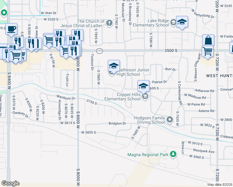 map of restaurants, bars, coffee shops, grocery stores, and more near 7779 Washington Road in Magna