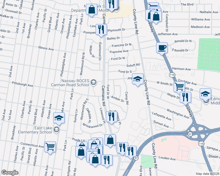 map of restaurants, bars, coffee shops, grocery stores, and more near 1 North Gate in Massapequa