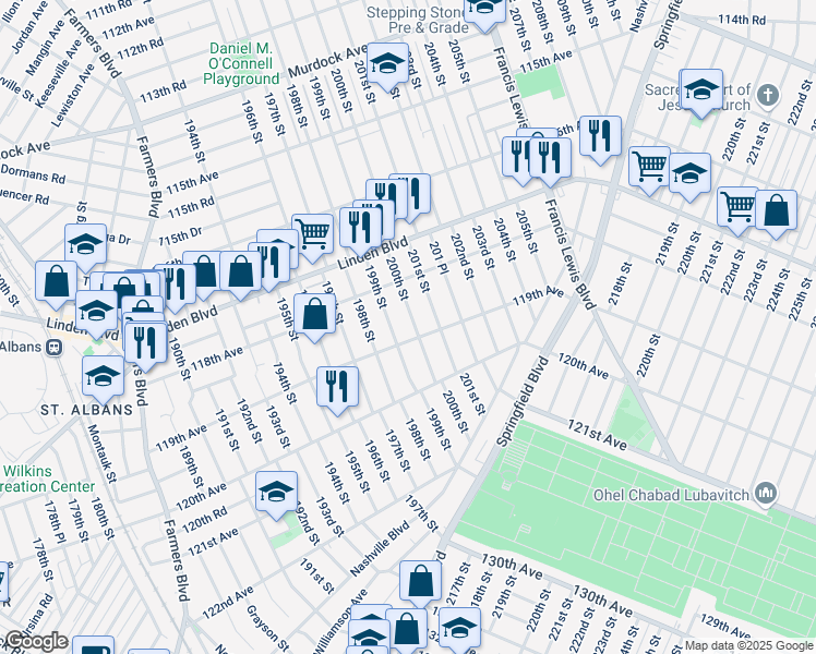 map of restaurants, bars, coffee shops, grocery stores, and more near 118-45 199th Street in Queens