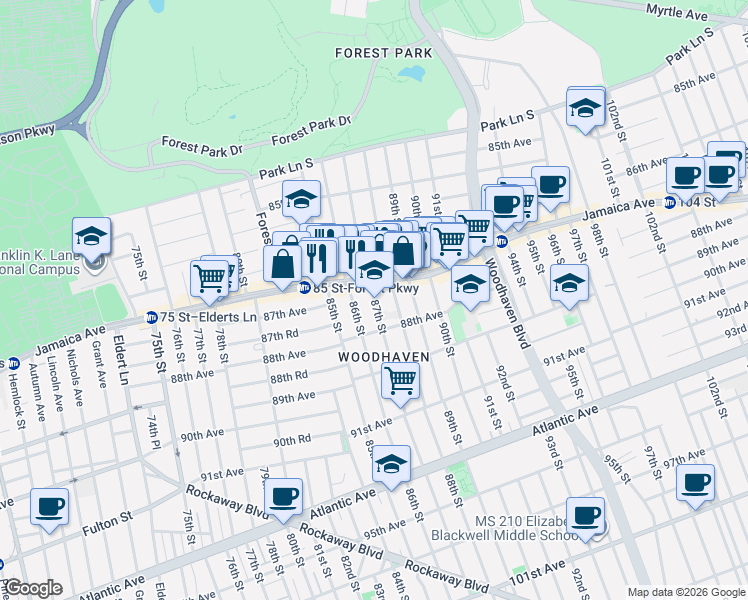 map of restaurants, bars, coffee shops, grocery stores, and more near in Queens