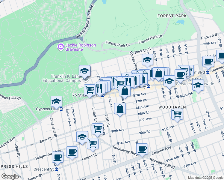 map of restaurants, bars, coffee shops, grocery stores, and more near 77-07 Jamaica Avenue in Queens