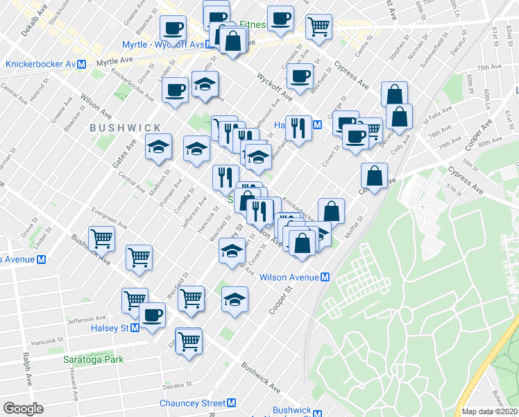 map of restaurants, bars, coffee shops, grocery stores, and more near 273 Eldert Street in Brooklyn