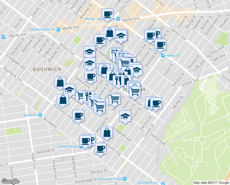 map of restaurants, bars, coffee shops, grocery stores, and more near 1266 Jefferson Avenue in Brooklyn