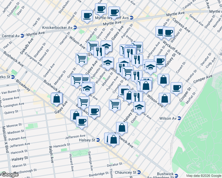 map of restaurants, bars, coffee shops, grocery stores, and more near 461 Central Avenue in Brooklyn