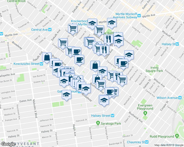 map of restaurants, bars, coffee shops, grocery stores, and more near 1179 Gates Avenue in Brooklyn