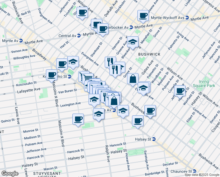 map of restaurants, bars, coffee shops, grocery stores, and more near 978 Bushwick Avenue in Brooklyn