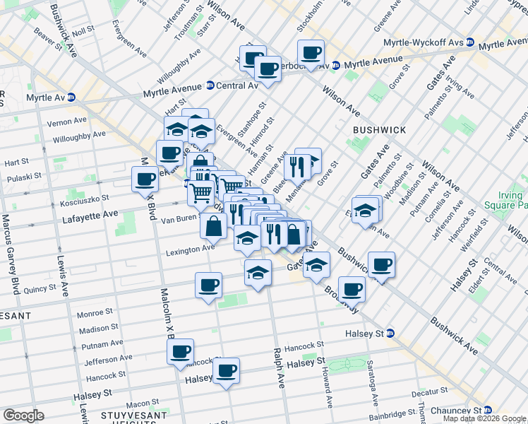 map of restaurants, bars, coffee shops, grocery stores, and more near 13 Goodwin Place in Brooklyn