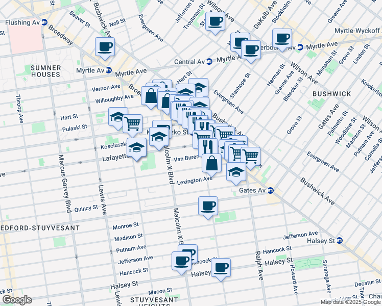 map of restaurants, bars, coffee shops, grocery stores, and more near 495 Van Buren Street in Brooklyn
