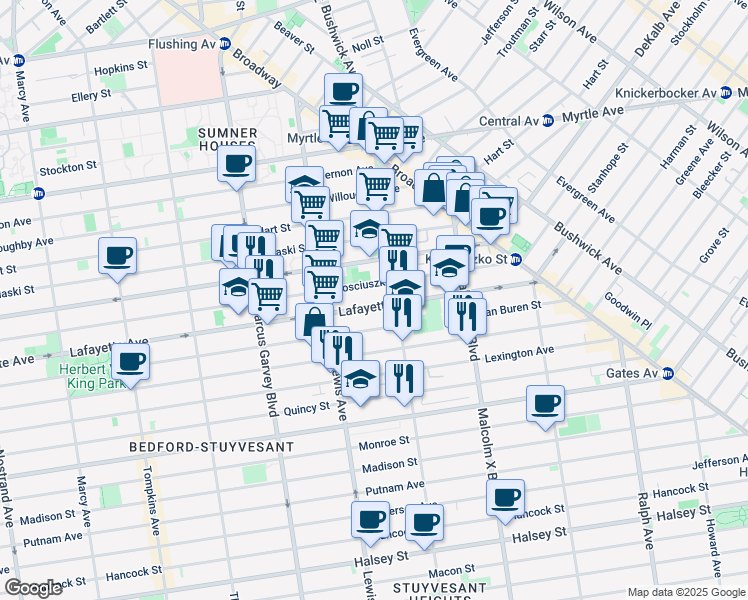 map of restaurants, bars, coffee shops, grocery stores, and more near 935 Lafayette Avenue in Brooklyn